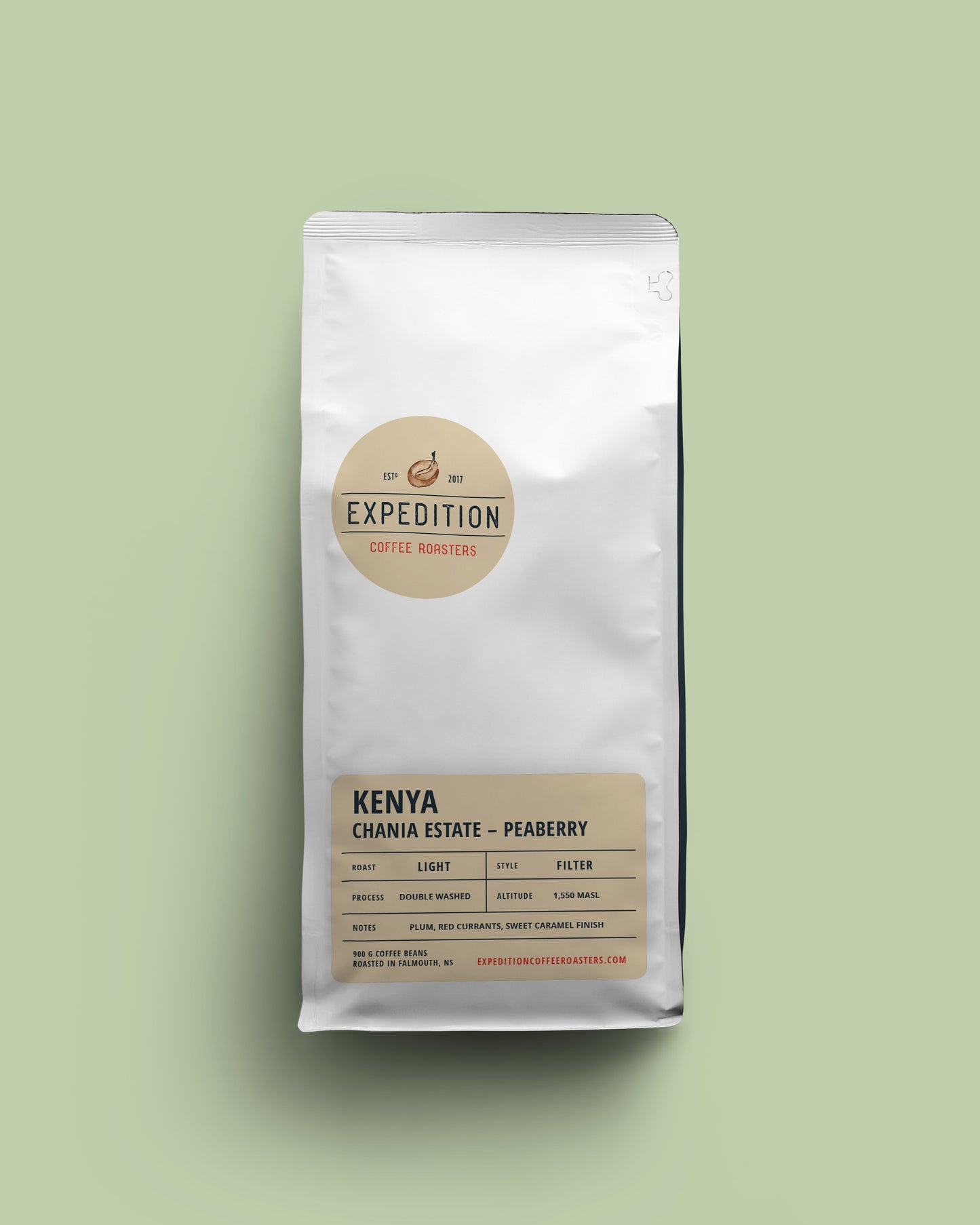 Kenya coffee bag labeled 'Expedition Coffee Roasters' on a light green background