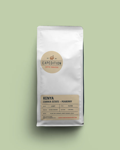 Kenya coffee bag labeled 'Expedition Coffee Roasters' on a light green background