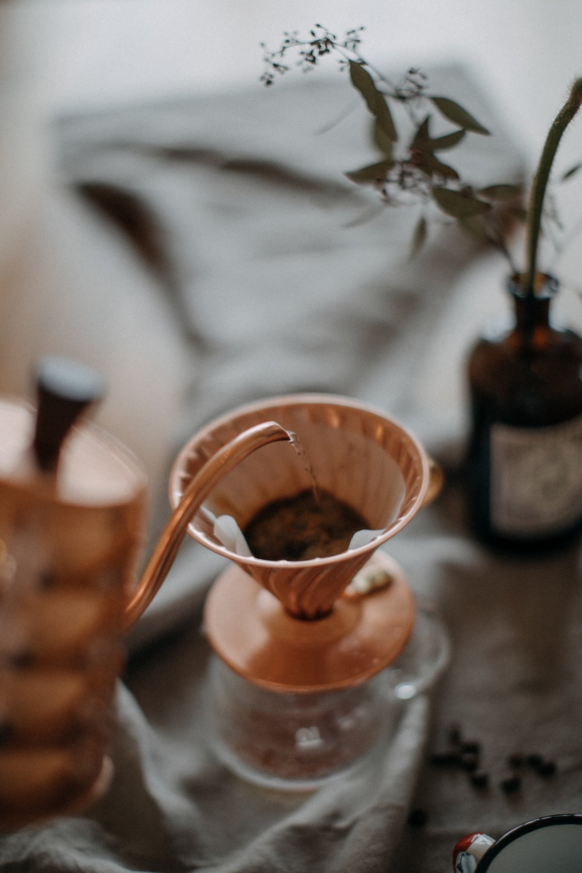 Nova Scotia coffee roasters-pour over coffee in a copper kettle and funnel